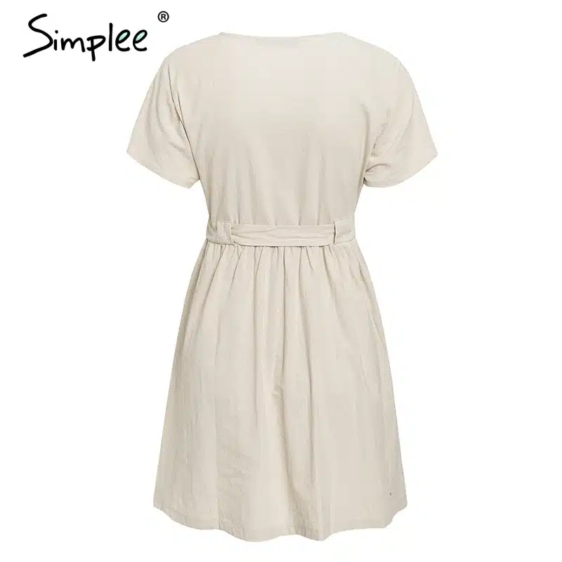 Simplee Vintage button women dress shirt V neck short sleeve cotton linen short summer dresses Casual korean vestidos 2019 festa 23
