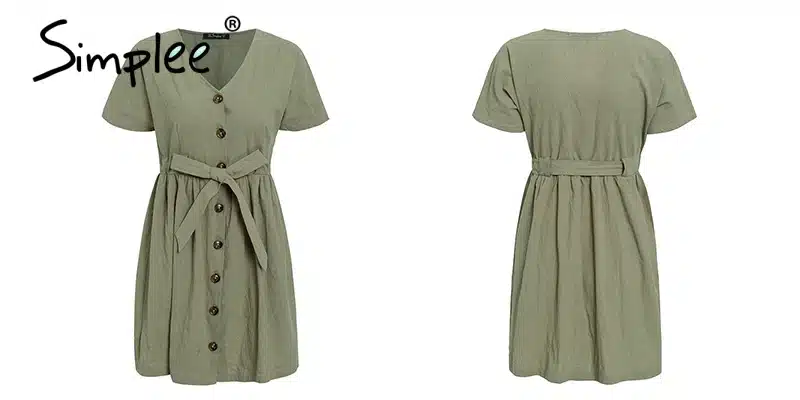 Simplee Vintage button women dress shirt V neck short sleeve cotton linen short summer dresses Casual korean vestidos 2019 festa 30