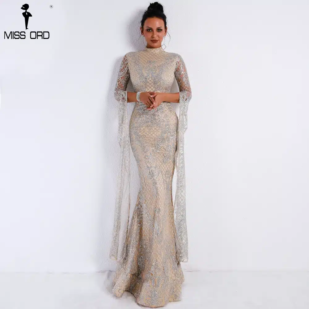Missord 2019 Women Sexy High Neck Long Sleeve Split Glitter Dresses Female Maxi Elegant Party Dress Vestdios FT9283 11