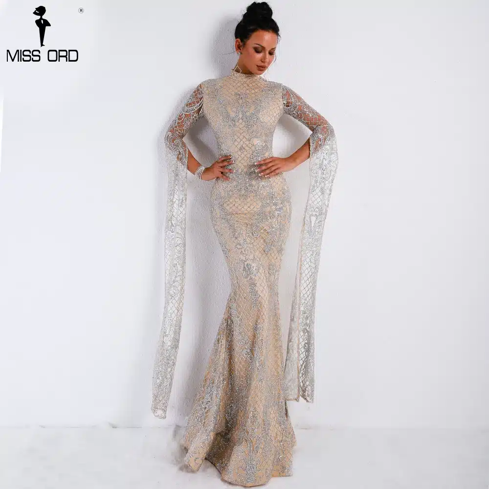 Missord 2019 Women Sexy High Neck Long Sleeve Split Glitter Dresses Female Maxi Elegant Party Dress Vestdios FT9283 12