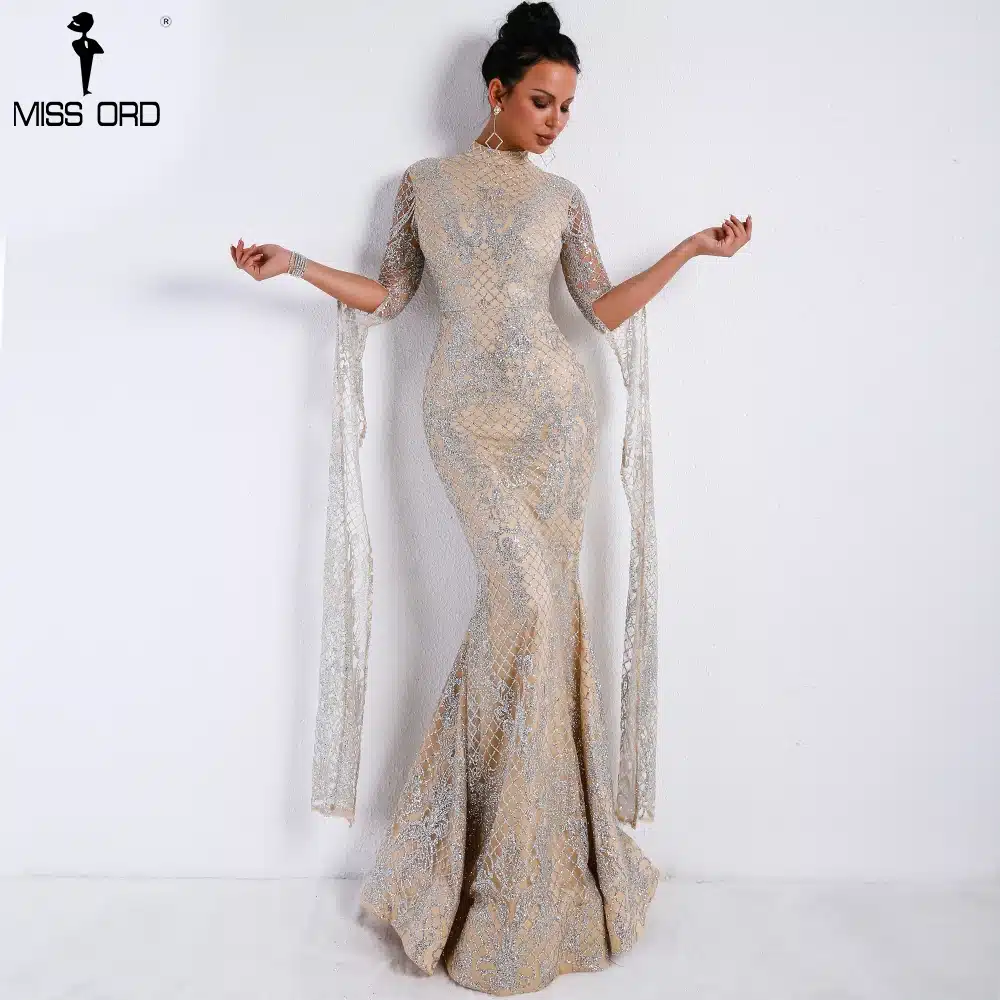 Missord 2019 Women Sexy High Neck Long Sleeve Split Glitter Dresses Female Maxi Elegant Party Dress Vestdios FT9283 13