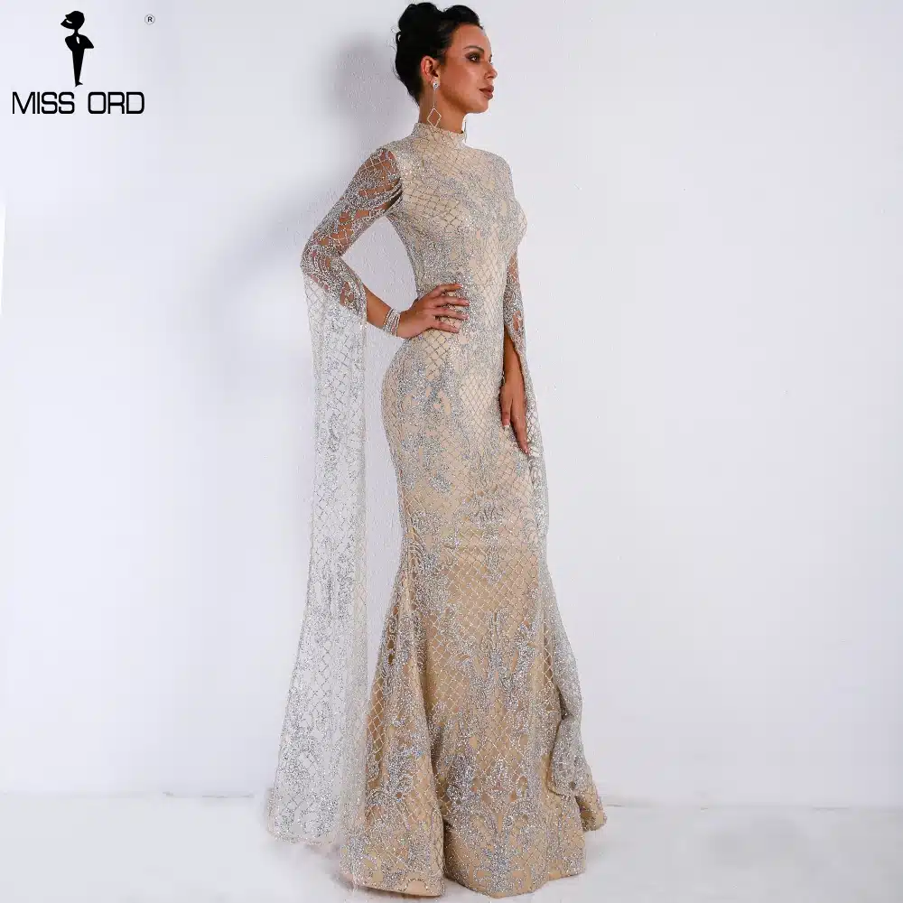 Missord 2019 Women Sexy High Neck Long Sleeve Split Glitter Dresses Female Maxi Elegant Party Dress Vestdios FT9283 14