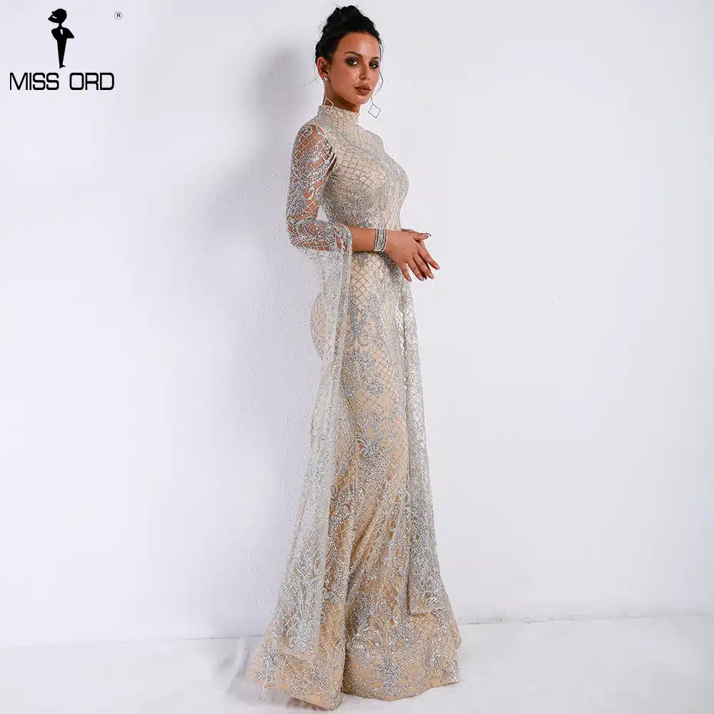 Missord 2019 Women Sexy High Neck Long Sleeve Split Glitter Dresses Female Maxi Elegant Party Dress Vestdios FT9283 15