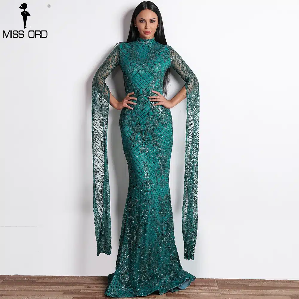 Missord 2019 Women Sexy High Neck Long Sleeve Split Glitter Dresses Female Maxi Elegant Party Dress Vestdios FT9283 16