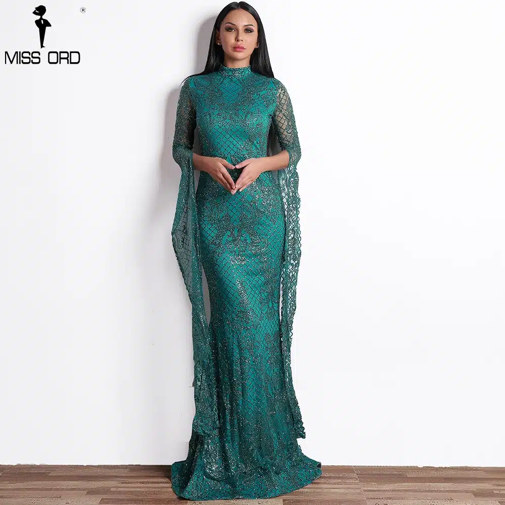 Missord 2019 Women Sexy High Neck Long Sleeve Split Glitter Dresses Female Maxi Elegant Party Dress Vestdios FT9283 17