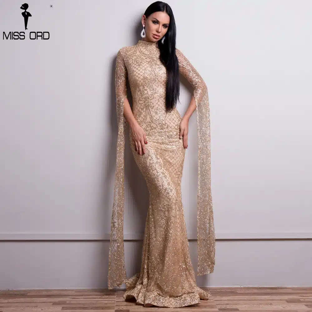 Missord 2019 Women Sexy High Neck Long Sleeve Split Glitter Dresses Female Maxi Elegant Party Dress Vestdios FT9283 19