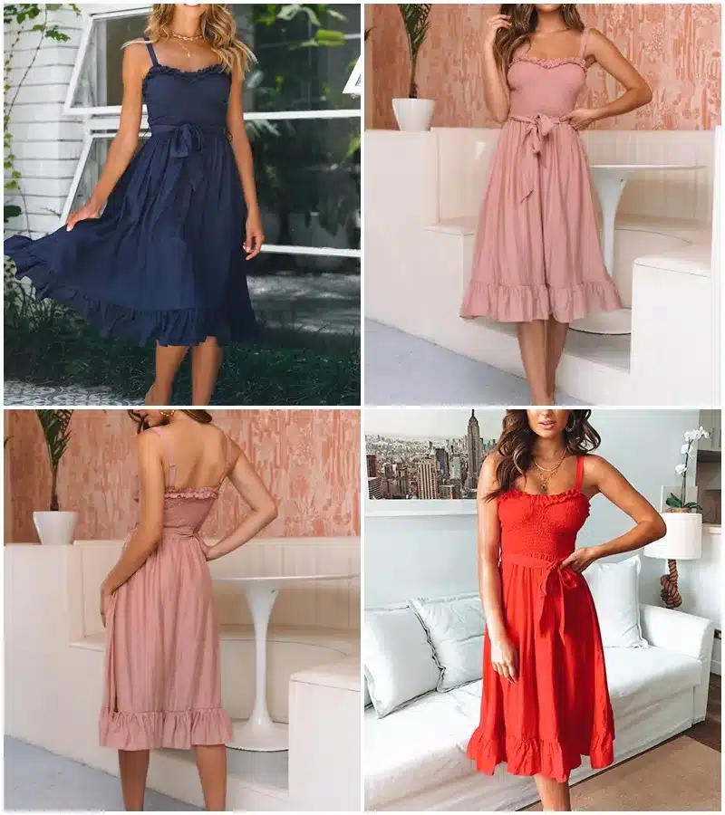 Simplee Sleeveless ruffle elegant dress women Ruched sashes bow cotton summer midi dresses Sexy solid female pink vestidos 2019 11