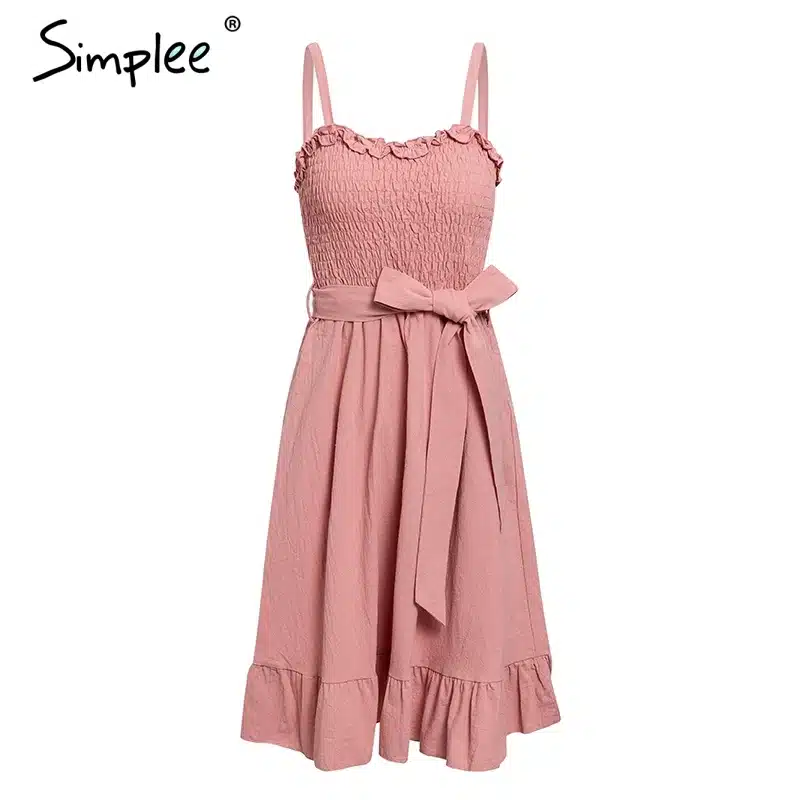 Simplee Sleeveless ruffle elegant dress women Ruched sashes bow cotton summer midi dresses Sexy solid female pink vestidos 2019 13