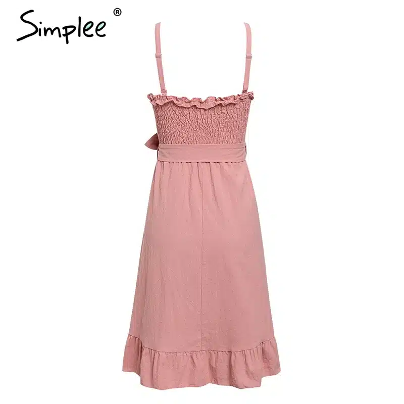 Simplee Sleeveless ruffle elegant dress women Ruched sashes bow cotton summer midi dresses Sexy solid female pink vestidos 2019 14