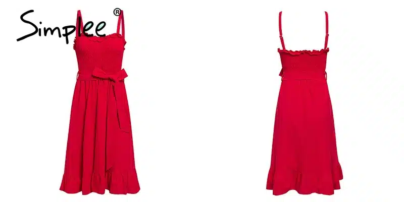 Simplee Sleeveless ruffle elegant dress women Ruched sashes bow cotton summer midi dresses Sexy solid female pink vestidos 2019 19