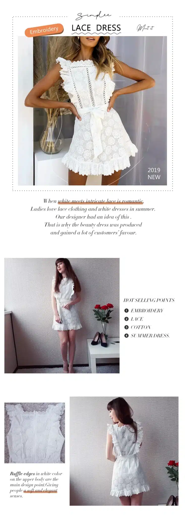 Simplee Elegant embroidery lace women dress Hollow out sashes ruffle white summer dress Slim sexy party lady dress vestidos 2019 12