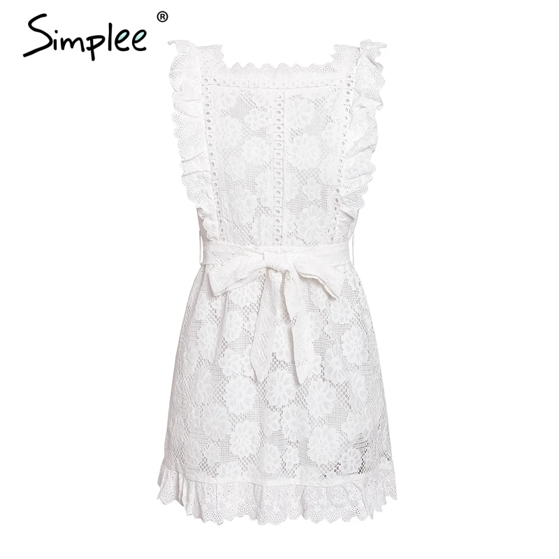 Simplee Elegant embroidery lace women dress Hollow out sashes ruffle white summer dress Slim sexy party lady dress vestidos 2019 15