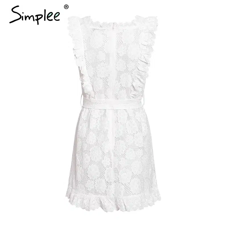 Simplee Elegant embroidery lace women dress Hollow out sashes ruffle white summer dress Slim sexy party lady dress vestidos 2019 16