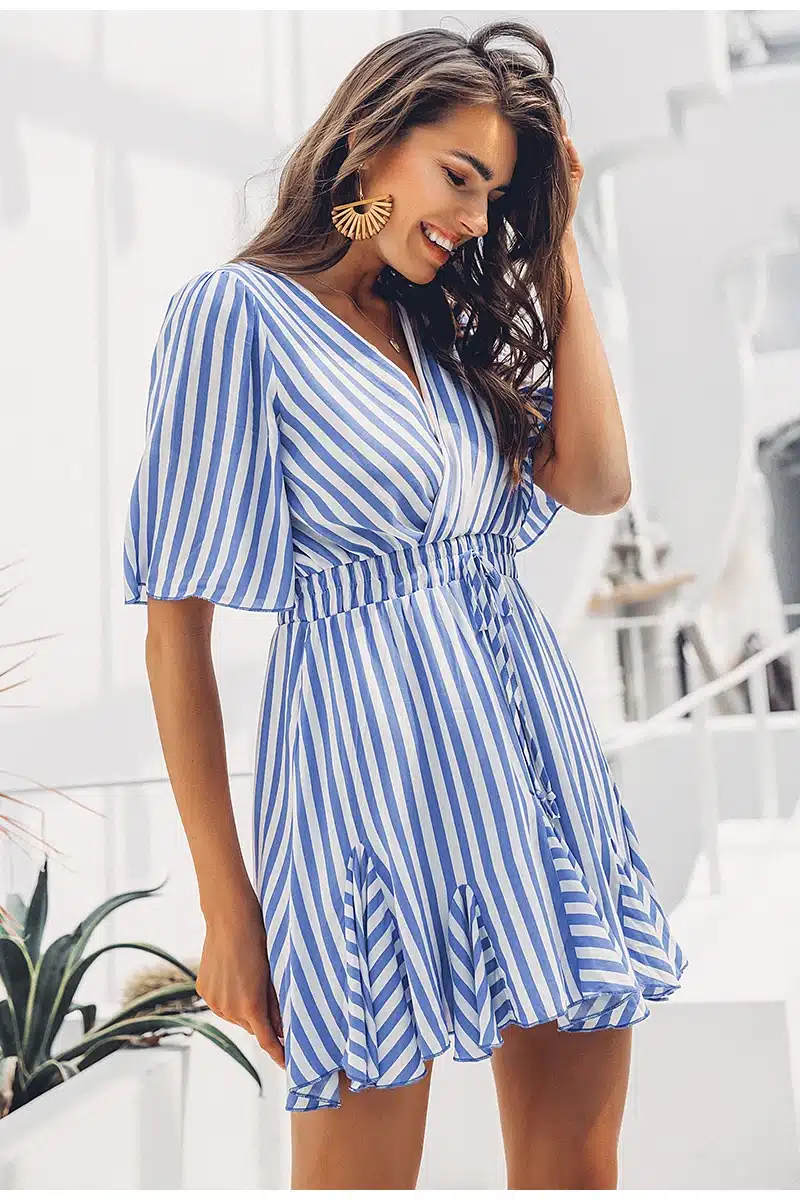 Simplee Vintage striped women dress V neck ruffle cotton short summer dress plus size Sexy casual lady female vestido festa 2019 15