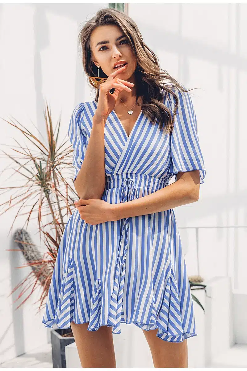 Simplee Vintage striped women dress V neck ruffle cotton short summer dress plus size Sexy casual lady female vestido festa 2019 16