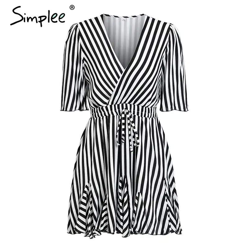 Simplee Vintage striped women dress V neck ruffle cotton short summer dress plus size Sexy casual lady female vestido festa 2019 18