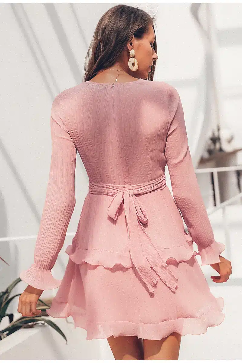 Simplee Elegant pleated chiffon women dress summer 2019 Long sleeve v neck ruffles white dresses Casual mini dress vestidos 16