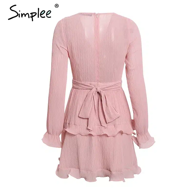 Simplee Elegant pleated chiffon women dress summer 2019 Long sleeve v neck ruffles white dresses Casual mini dress vestidos 19