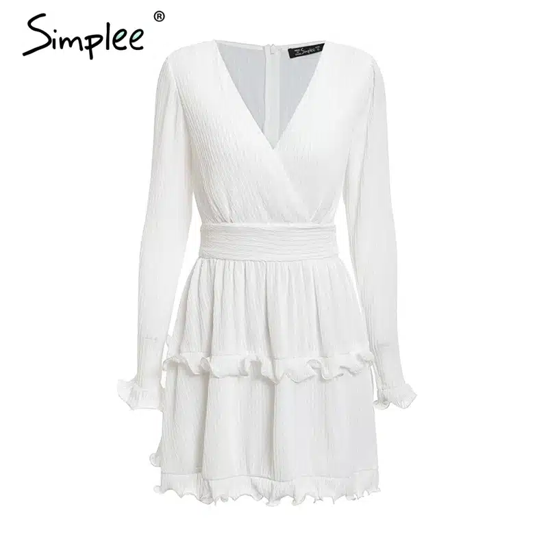 Simplee Elegant pleated chiffon women dress summer 2019 Long sleeve v neck ruffles white dresses Casual mini dress vestidos 26