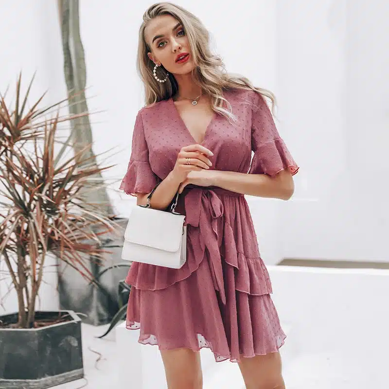 Simplee Sexy v-neck polka dot women dress Summer style layer ruffle chiffon short sundress Elegant zipper holiday vestidos 2019 14