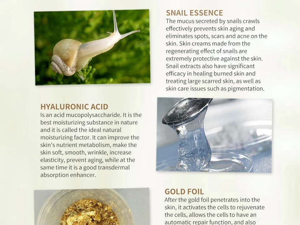 24k Gold Essence Snail Cream Anti Aging Anti Wrinkle Face Cream Repair Firming Skin Hyaluronic Acid Moisturizing Whitening Cream 14