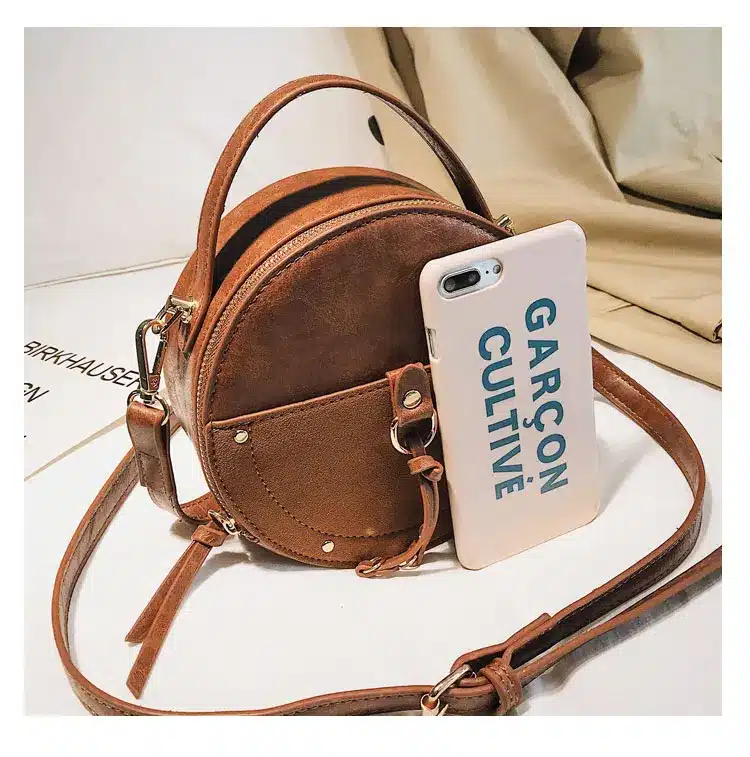 Vintage Scrub Leather Round Designer Crossbody Bag For Women 2019 PU Leather Shoulder Bags Ladies Small Handbags Mini Tote Bag 11