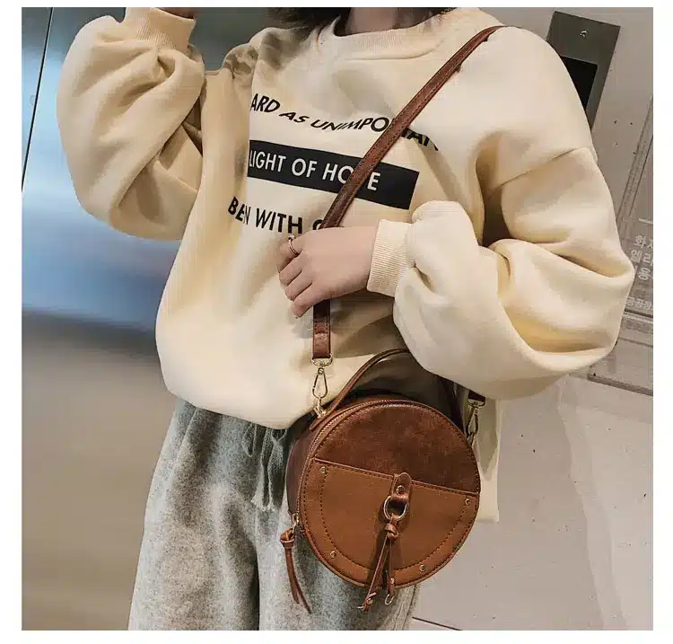 Vintage Scrub Leather Round Designer Crossbody Bag For Women 2019 PU Leather Shoulder Bags Ladies Small Handbags Mini Tote Bag 15