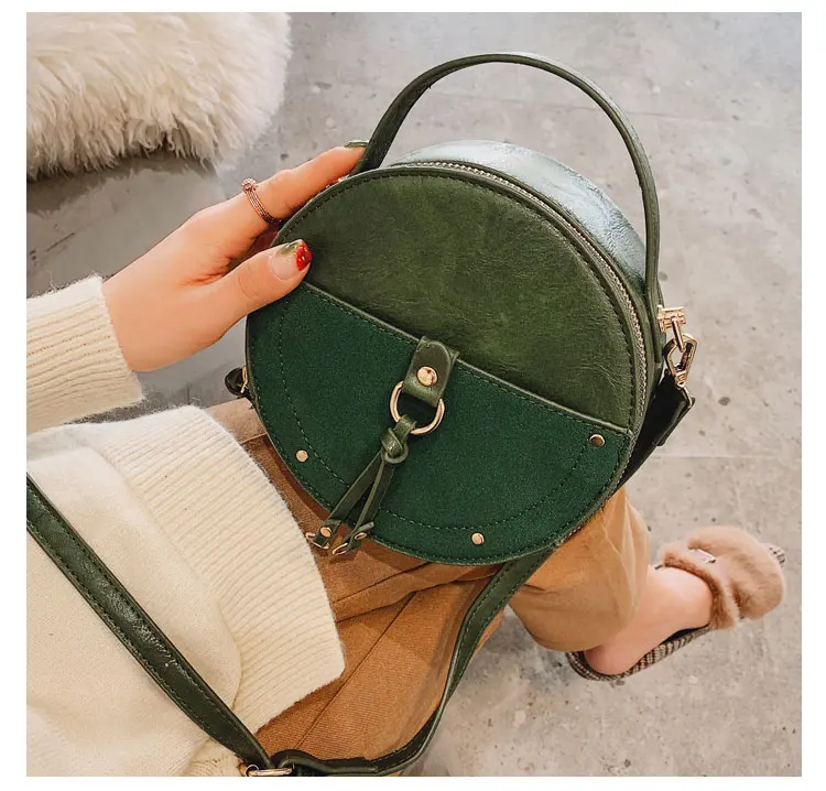 Vintage Scrub Leather Round Designer Crossbody Bag For Women 2019 PU Leather Shoulder Bags Ladies Small Handbags Mini Tote Bag 21