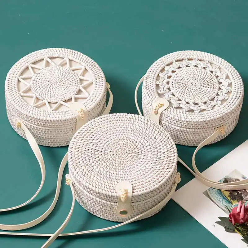 2019 Hot New White Round Rattan Bags For Women Boho Beach Crossbody Bag Straw Handmade Woven Circle Shoulder Bag Female Handbags 14