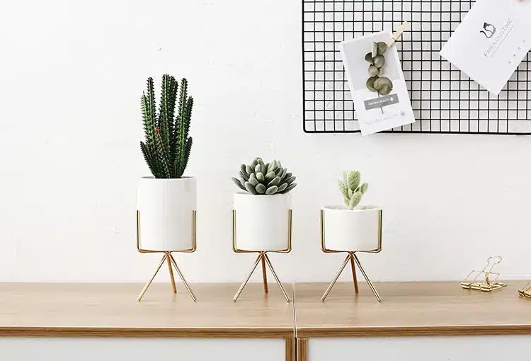 Set of 3pcs Ceramic Flower Planters with Iron Shelf Succulent Plant Pot Home Garden Decorative Flower Vase without plants 9