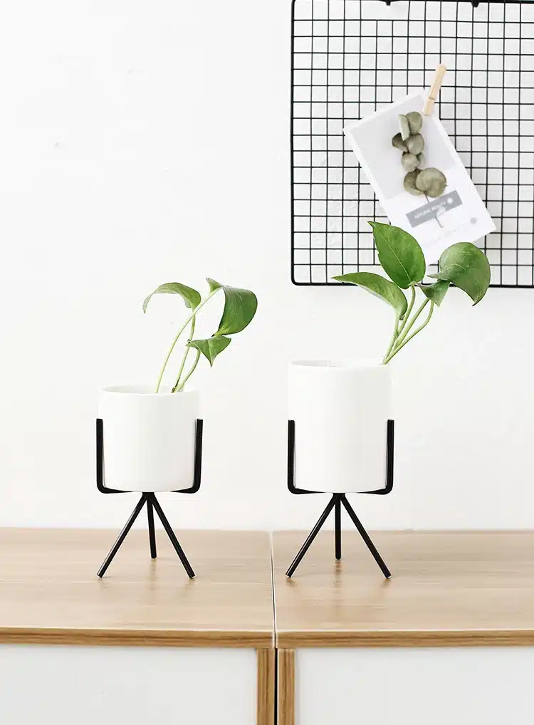 Set of 3pcs Ceramic Flower Planters with Iron Shelf Succulent Plant Pot Home Garden Decorative Flower Vase without plants 15