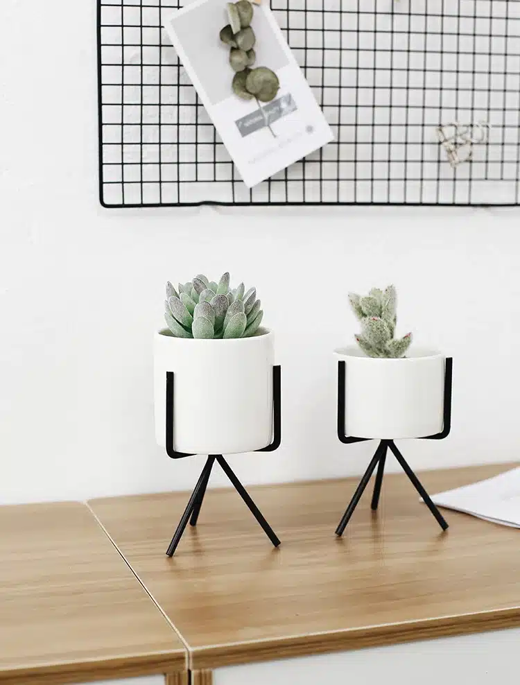 Set of 3pcs Ceramic Flower Planters with Iron Shelf Succulent Plant Pot Home Garden Decorative Flower Vase without plants 21