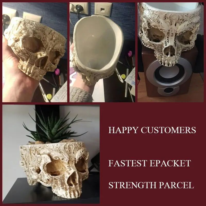 Hand Carved Skull Flower Pot Human Skull Bone Bowl Home Garden Decor Halloween Decoration 9