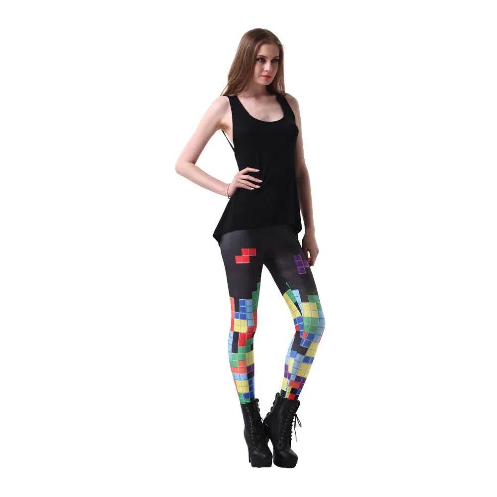 Sexy Elastic Pants 3D Digital Printing Color Tetris Pattern Women Leggings 7 sizes Fitness Clothing Free Shipping Wholesale 3