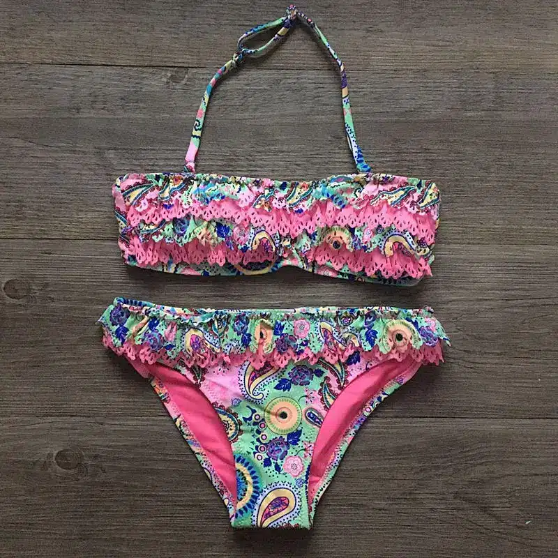 Girls Split Hollow Falbala Bikini Two-piece Swim Suits Bikini Children Swimwear Kids Bathing Suit Girl Beachwear for Hot Spring 4