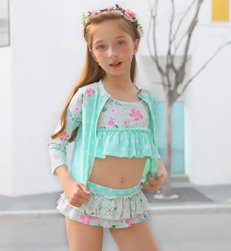 New Baby Girls Swimsuits 4Pcs Swim Suits (Long Sleeve Sunproof Coat+Bikini Sets+Cap) Toddler Swimwear Children Kids Bathing Suit 14