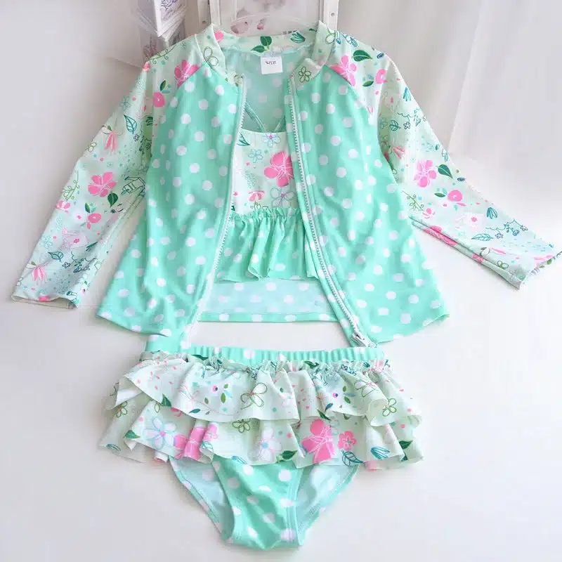 New Baby Girls Swimsuits 4Pcs Swim Suits (Long Sleeve Sunproof Coat+Bikini Sets+Cap) Toddler Swimwear Children Kids Bathing Suit 19