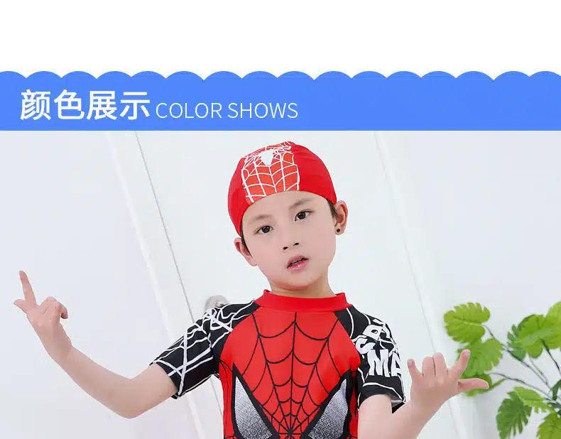 Boys 2 Pieces Swimsuit + Cap Spiderman Cartoon Children Swimwear Boy Kids Bathing Suits Short Sleeve Clothes For Swimming 9