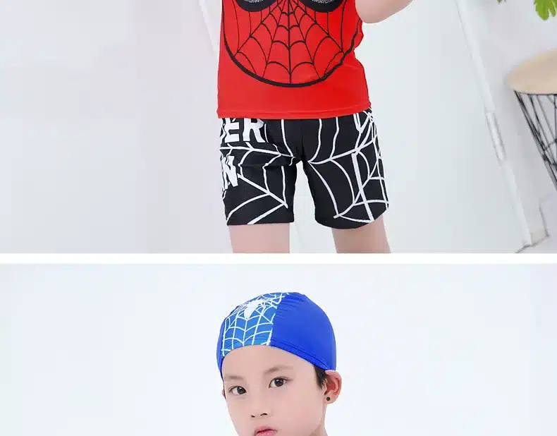 Boys 2 Pieces Swimsuit + Cap Spiderman Cartoon Children Swimwear Boy Kids Bathing Suits Short Sleeve Clothes For Swimming 10