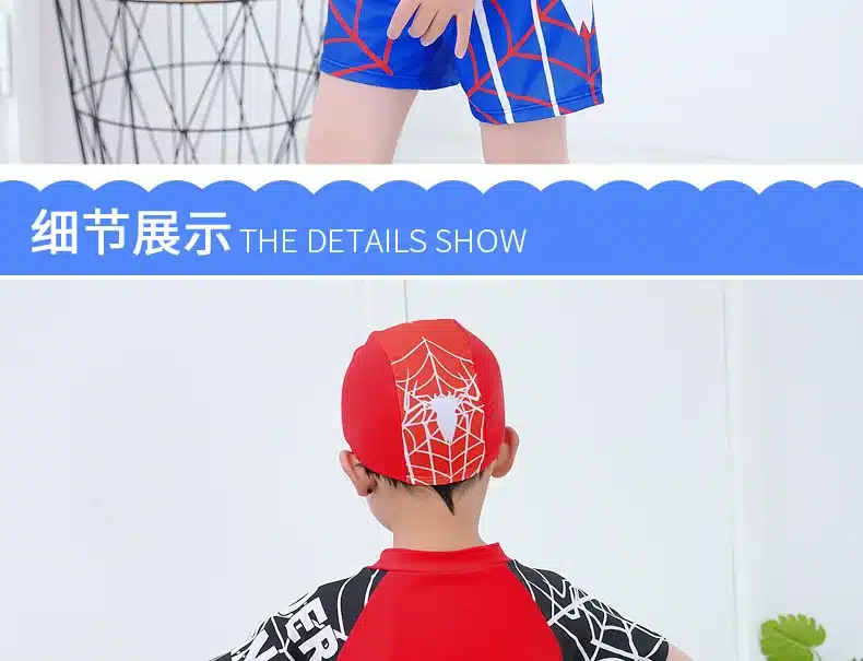 Boys 2 Pieces Swimsuit + Cap Spiderman Cartoon Children Swimwear Boy Kids Bathing Suits Short Sleeve Clothes For Swimming 12