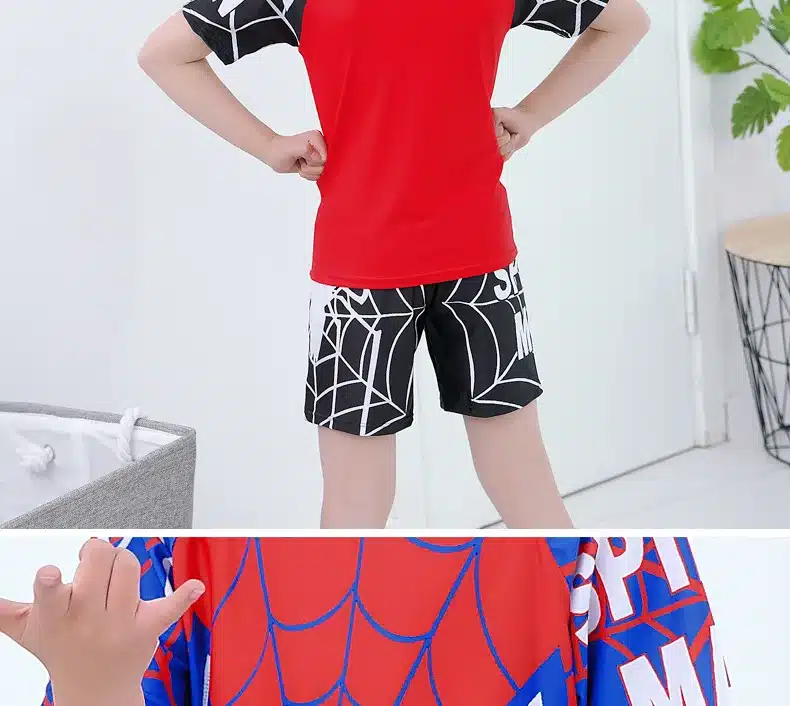 Boys 2 Pieces Swimsuit + Cap Spiderman Cartoon Children Swimwear Boy Kids Bathing Suits Short Sleeve Clothes For Swimming 13
