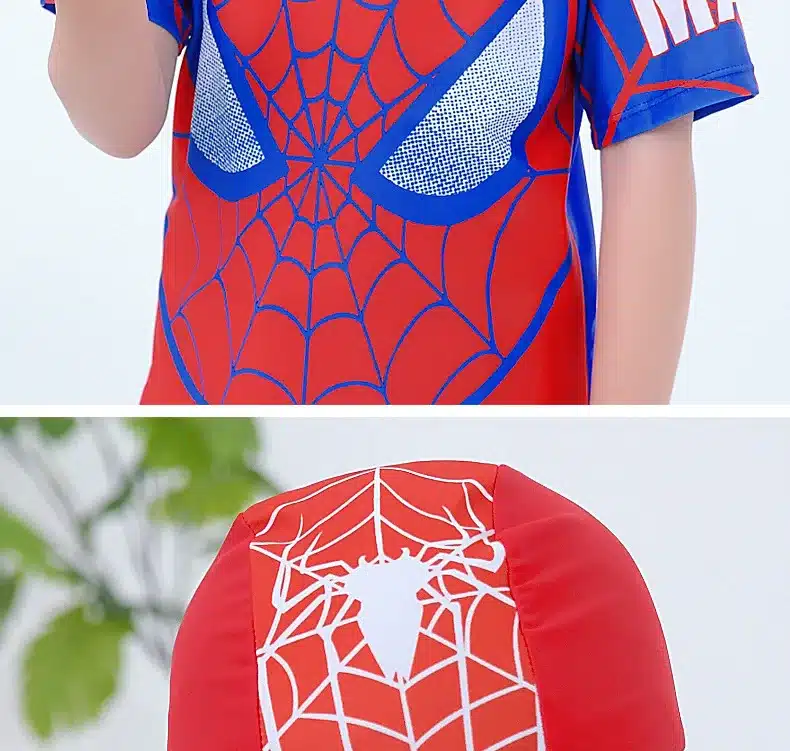 Boys 2 Pieces Swimsuit + Cap Spiderman Cartoon Children Swimwear Boy Kids Bathing Suits Short Sleeve Clothes For Swimming 14