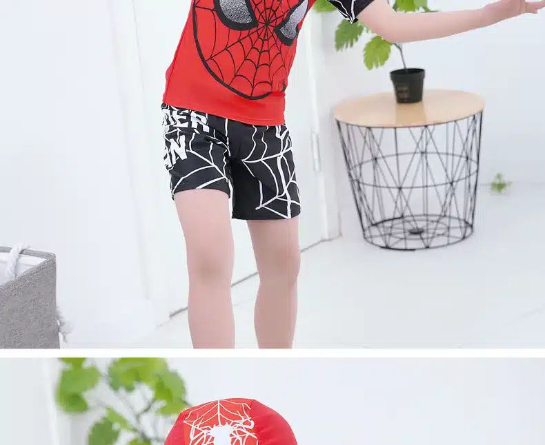 Boys 2 Pieces Swimsuit + Cap Spiderman Cartoon Children Swimwear Boy Kids Bathing Suits Short Sleeve Clothes For Swimming 17