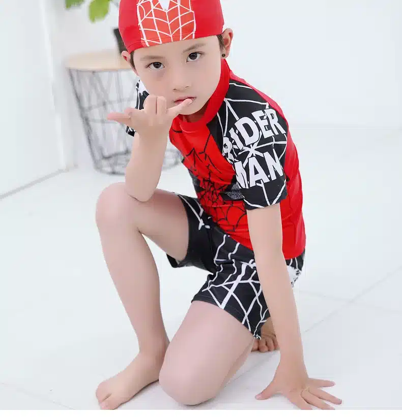 Boys 2 Pieces Swimsuit + Cap Spiderman Cartoon Children Swimwear Boy Kids Bathing Suits Short Sleeve Clothes For Swimming 18