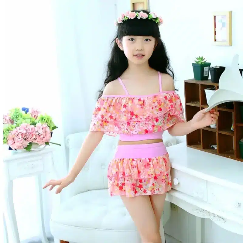 Girls Two Pieces Suits For Swimming Children Polyester Swimwear Kids Floral Bathing Suit Swim Wear Big Girl Swimsuits 3-15 Years 2