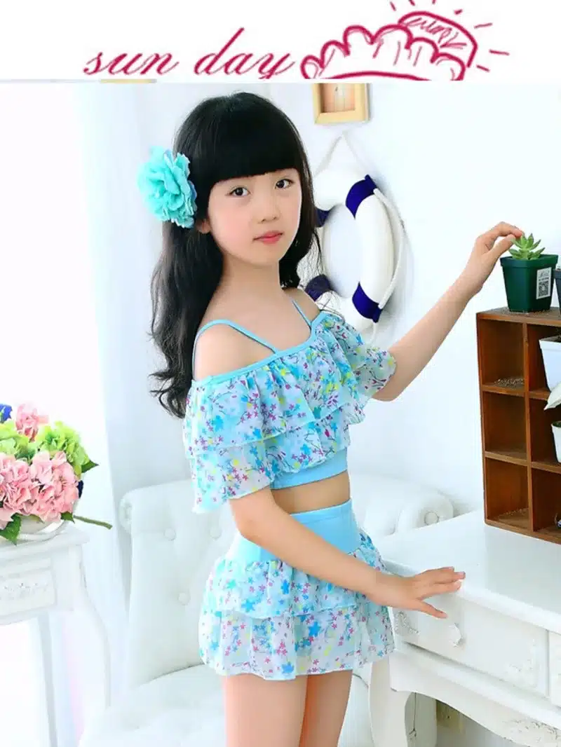 Girls Two Pieces Suits For Swimming Children Polyester Swimwear Kids Floral Bathing Suit Swim Wear Big Girl Swimsuits 3-15 Years 8