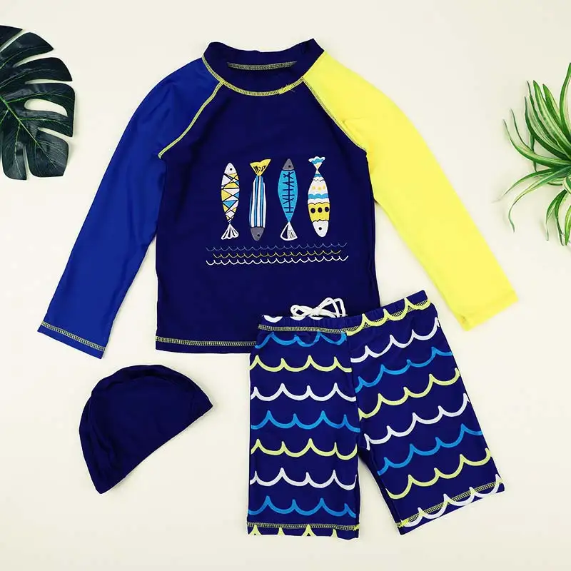 2-10Y Kids Swimwear Children Boys Beach Rash Guards 3Pcs Baby Boy Cartoon Long Sleeve Sunscreen Quick-drying Swimsuit Bathsuit 14