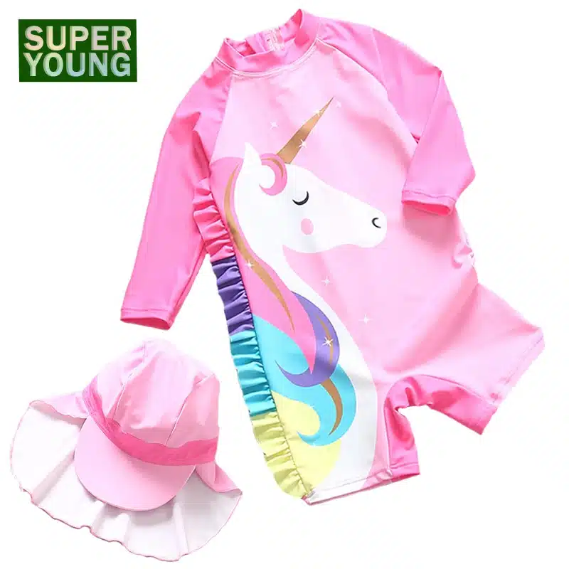 Cartoon Unicorn Baby Girls 2PCS Swimsuits Children Rainbow UV Protection Swimming Surfing Suits Kids Toddler Swim Beach Swimwear 1