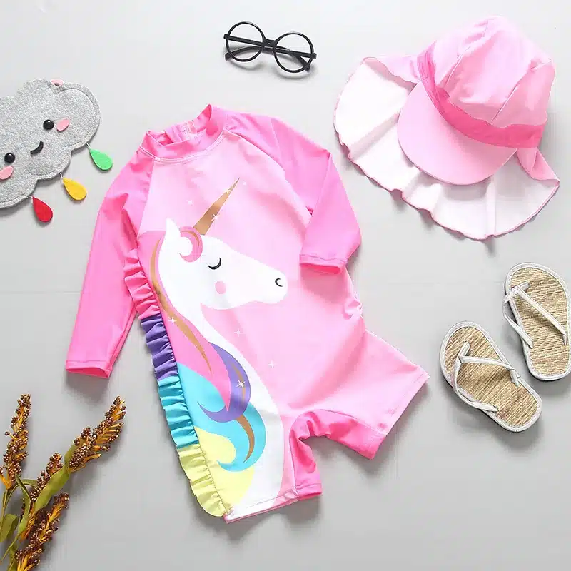 Cartoon Unicorn Baby Girls 2PCS Swimsuits Children Rainbow UV Protection Swimming Surfing Suits Kids Toddler Swim Beach Swimwear 4