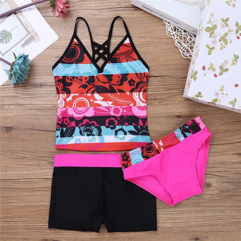 Kids Girls Tankini Floral Printed Swimsuit Swimwear Bathing Suit Set Tops with Bottoms Shorts for Swimming Surfing and Holiday 16